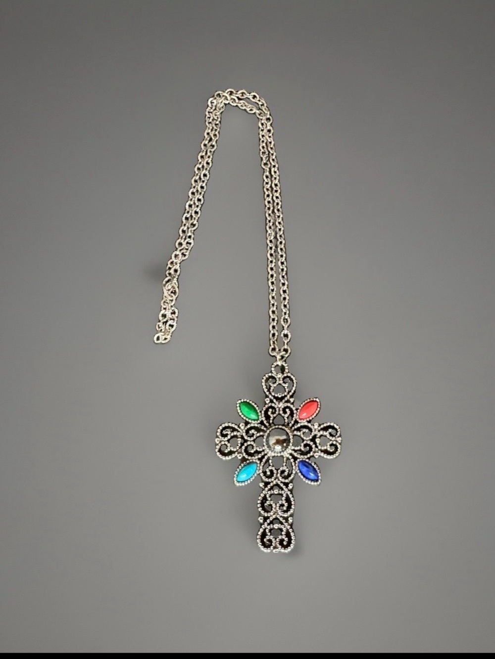 Avon Silver Filigree Cross Necklace with Multicolor Accents Stones Vintage
